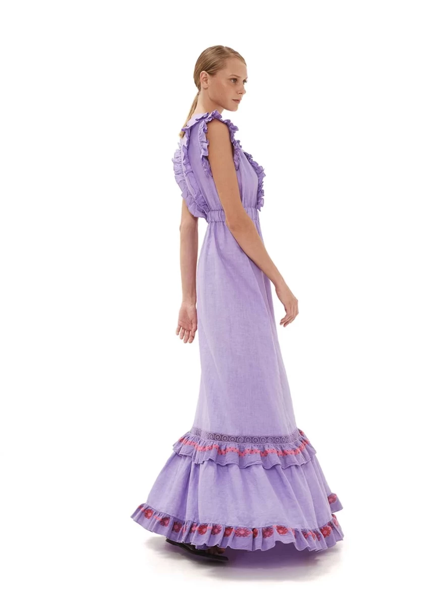 μοβ λινό φόρεμα  hariscotton.com