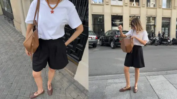 μια κοπέλα ποζάρει φορώντας βερμούδα