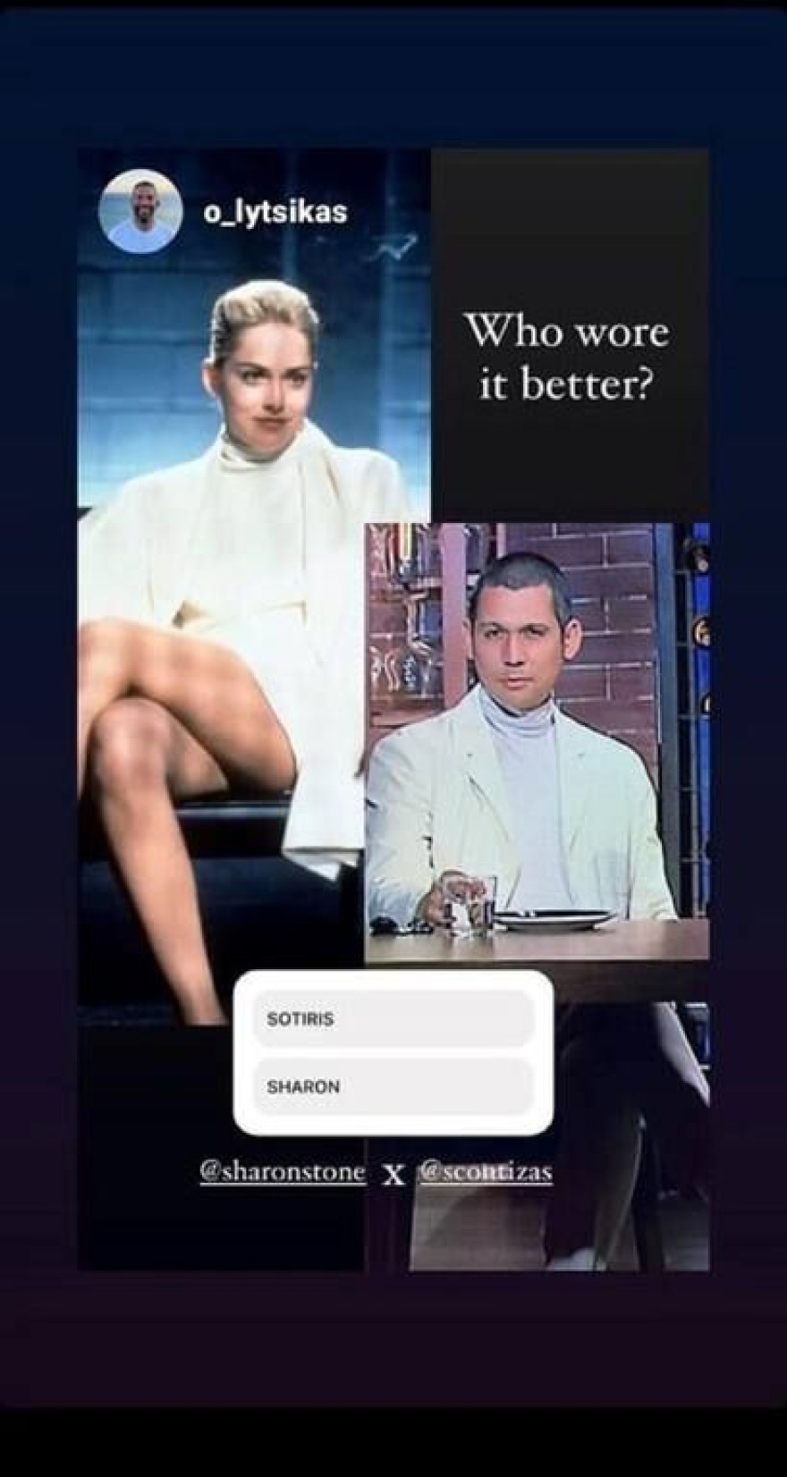 Φωτογραφία του Σωτήρη Κοντιζά να μιμείται την Σάροουν Στόουνς 