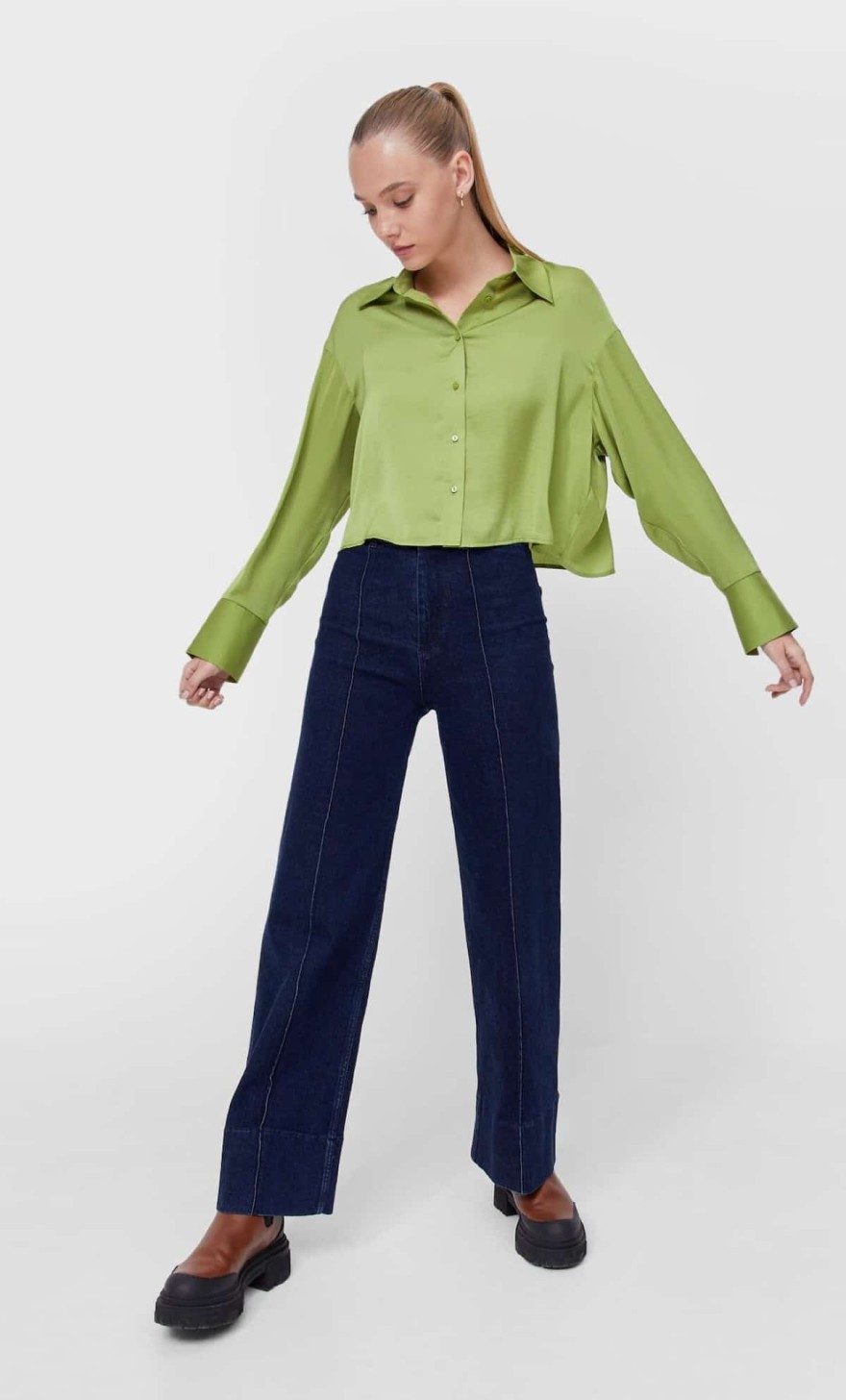 Stradivarius - Πράσινο σατέν πουκάμισο