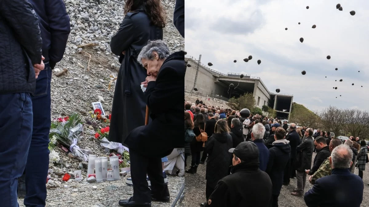 Με κεριά και μαύρα μπαλόνια - Σπαρακτικές εικόνες από το μνημόσυνο που τελέστηκε σήμερα στα Τέμπη