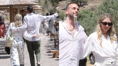 Αγκαλιασμένοι ντυμένα στα λινά μετά το ξέφρενο γλέντι του γάμου - Στην παραλία για το beach party ο Πάνος Μουζουράκης και η Κοζάρη