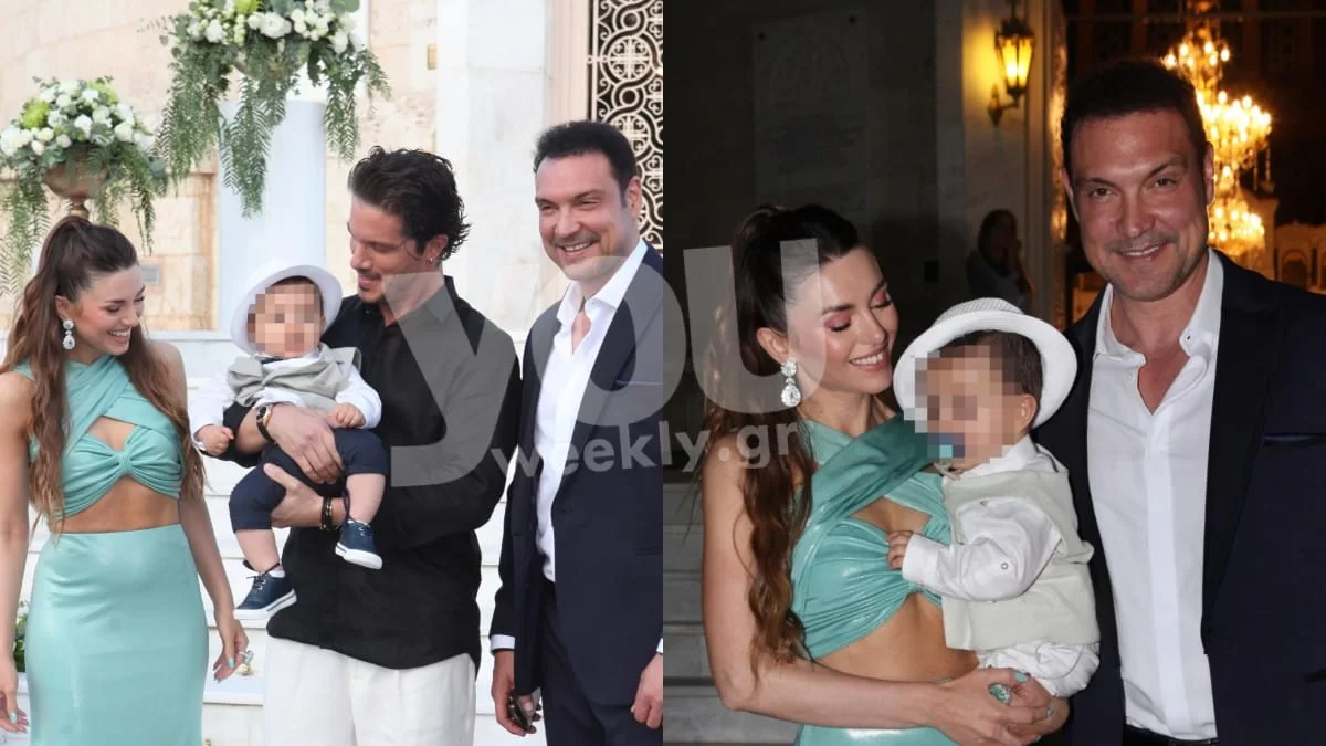 Με πράσινη τουαλέτα δίπλα στον Σταθοκωστόπουλο η Σιαμπάνη στη βάφτιση του γιου τους - Αγκαλιά με τον γιο τους ο νονός, Νίκος Οικονομόπουλος