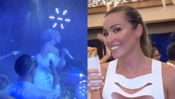 Κούκλα με μίνι λευκό φόρεμα και πούπουλα στο ντεκολτέ η Καλομοίρα - Έτρωγε σουβλάκια μέσα στο μαγαζί η Χρουσαλά στο πάρτι γενεθλίων του Γιώργου Μπούσαλη