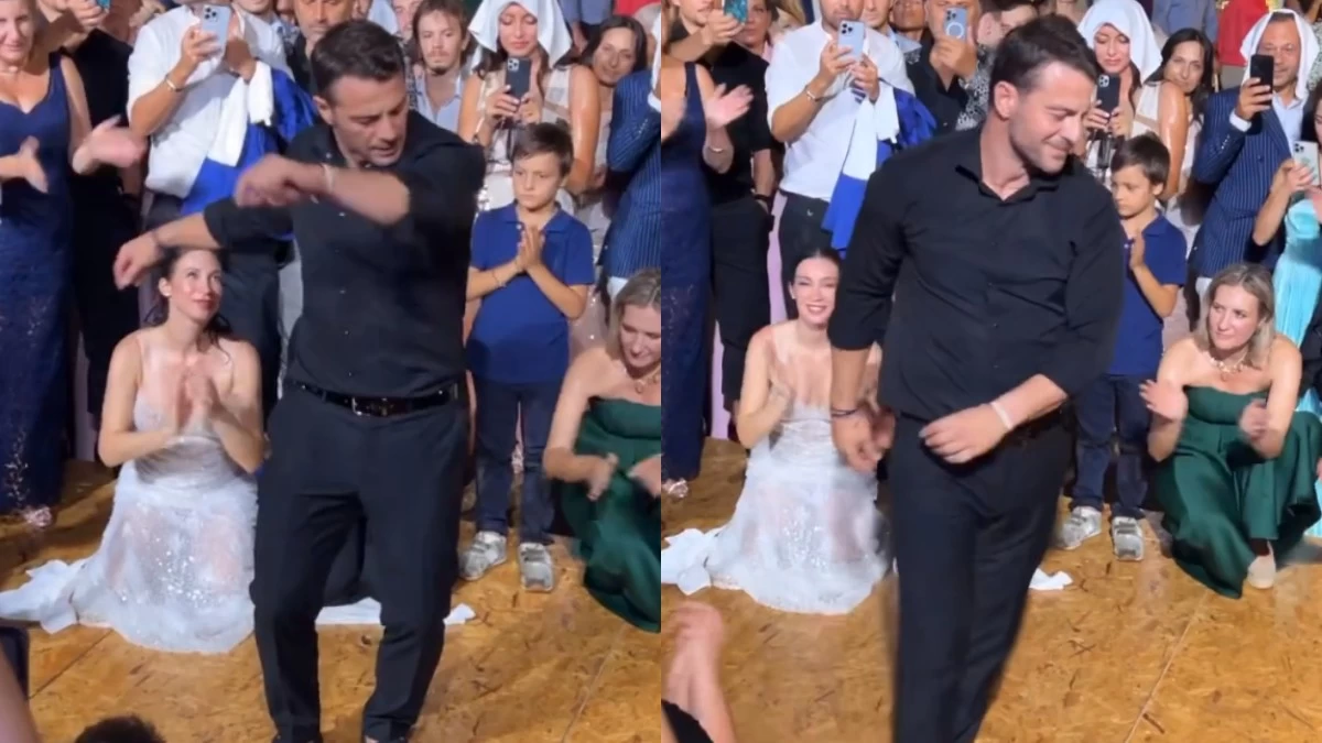 «Μάνα μη με δεις» - Ανατριχίλα με το ζεϊμπέκικο του Γιώργου Αγγελόπουλου κάτω από τη βροχή στη δεξίωση γάμου του (Βίντεο)