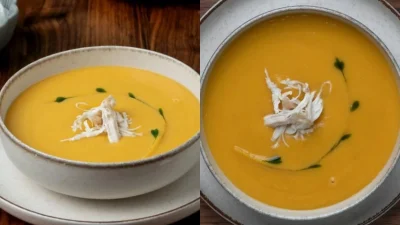 Θρεπτική παραλλαγή της μαμαδίστικης συνταγής: Σούπα βελουτέ με κοτόπουλο, τραχανά και γλυκοπατάτα