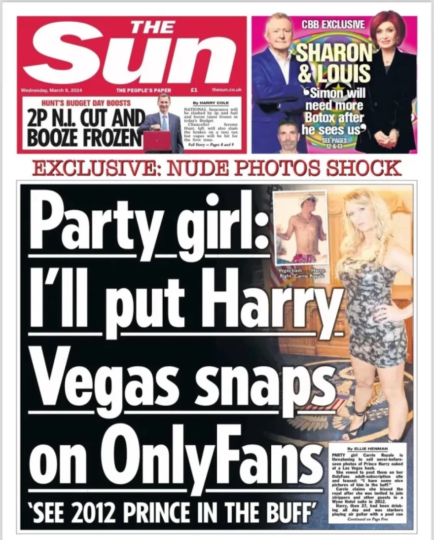 Το εξώφυλλο της Sun για τον Πρίγκιπα Χάρι