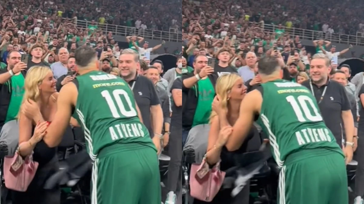 Κώστας Σλούκας: Το φιλί στην εγκυμονούσα σύζυγό του, Μαρία Δαρσινού μετά τη νίκη του Παναθηναϊκου - Με στενό μαύρο φόρεμα στις κερκίδες