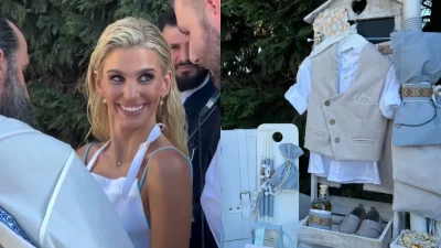 Νονά η Βάλια Χατζηθεοδώρου: Με wet look και στραφταλιζέ γαλάζιο σετ - Ο σταυρός και ο λαμπερός στολισμός στο εκκλησάκι του κτήματος