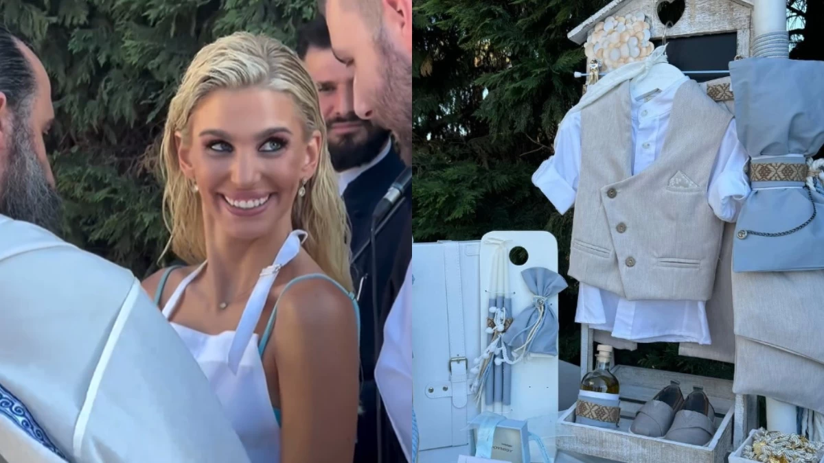 Νονά η Βάλια Χατζηθεοδώρου: Με wet look και στραφταλιζέ γαλάζιο σετ - Ο σταυρός και ο λαμπερός στολισμός στο εκκλησάκι του κτήματος