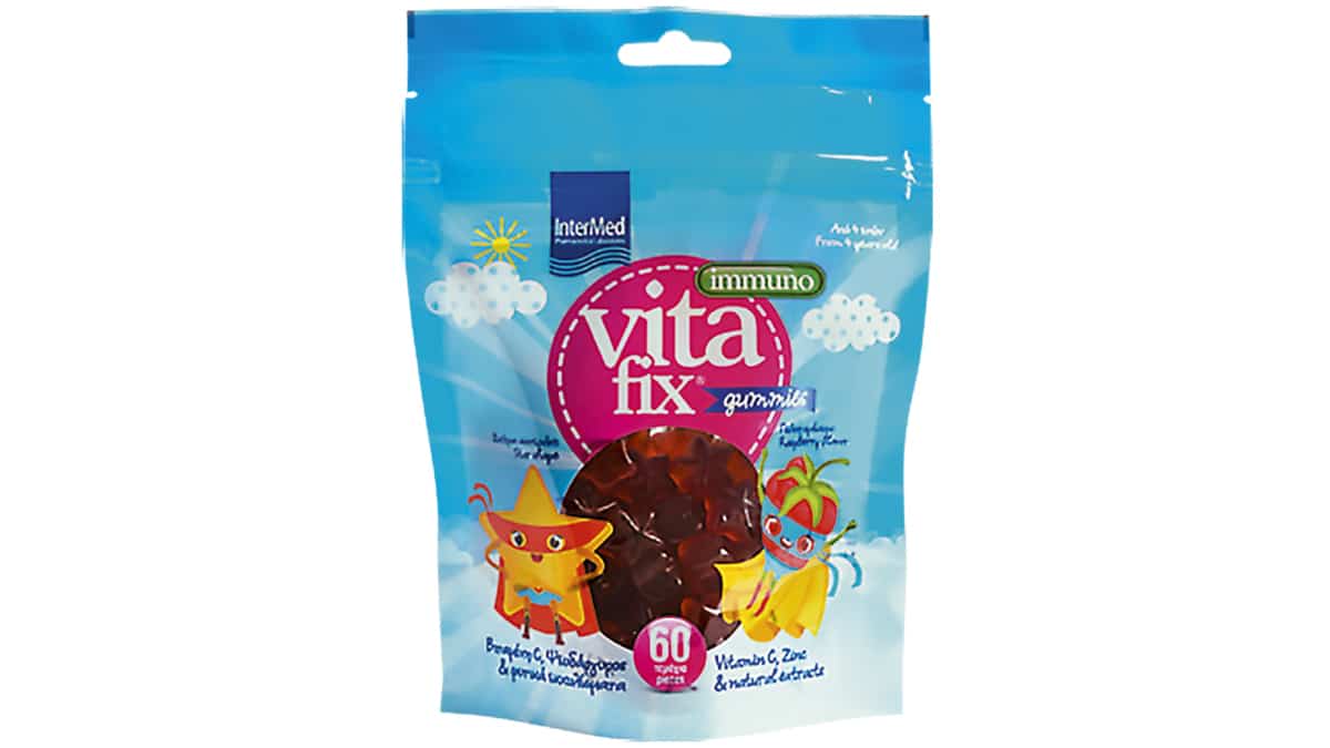 Ζελεδάκια με γεύση σμέουρο και σχήμα αστεράκι, που περιέχουν βιταμίνη C, ψευδάργυρο και φυτικά εκχυλίσματα για την ενίσχυση του ανοσοποιητικού των παιδιών από 4 ετών και άνω, Vitafix, Immuno Gummies, InterMed (στα Φαρμακεία από την InterMed)