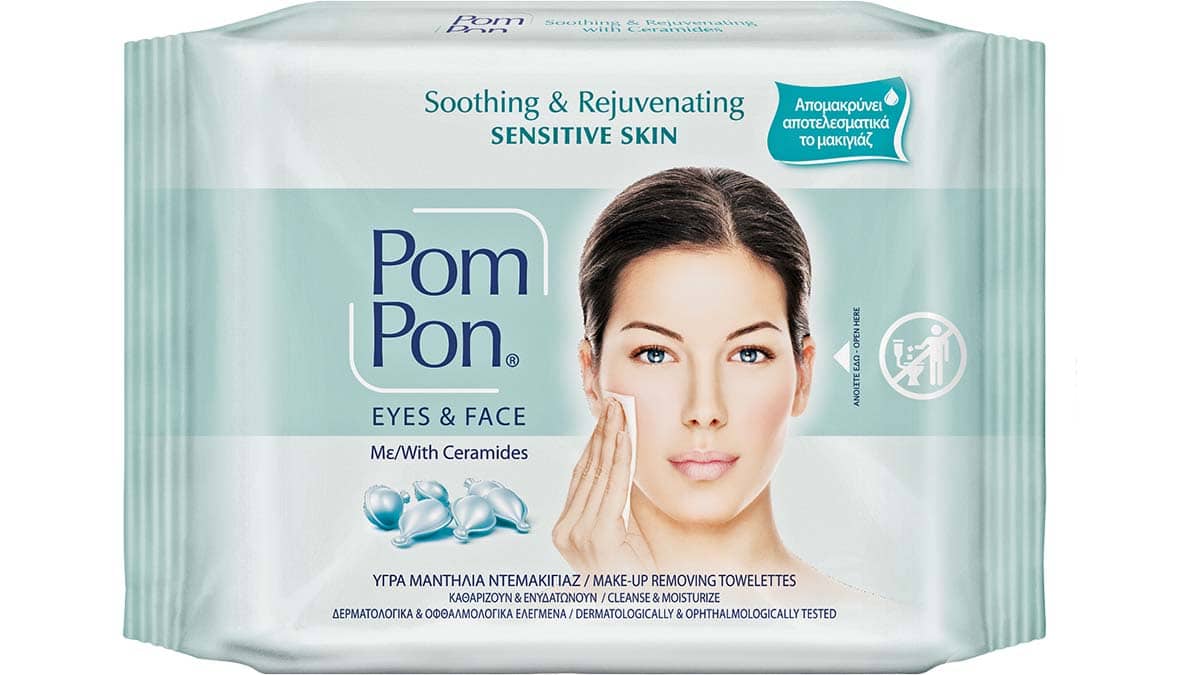 Υγρά μαντηλάκια ντεμακιγιάζ για το ευαίσθητο δέρμα, Sensitive Skin, Soothing & Rejuvenating, Eyes & Face, Pom Pon