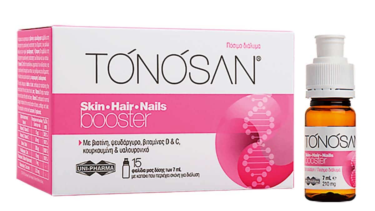Συμπλήρωμα διατροφής για την ενίσχυση και διατήρηση της υγιούς κατάστασης του δέρματος, των μαλλιών και των νυχιών, Tonosan, Skin•Hair•Nails Booster, Uni-Pharma (στα Φαρμακεία από τη Uni-Pharma)