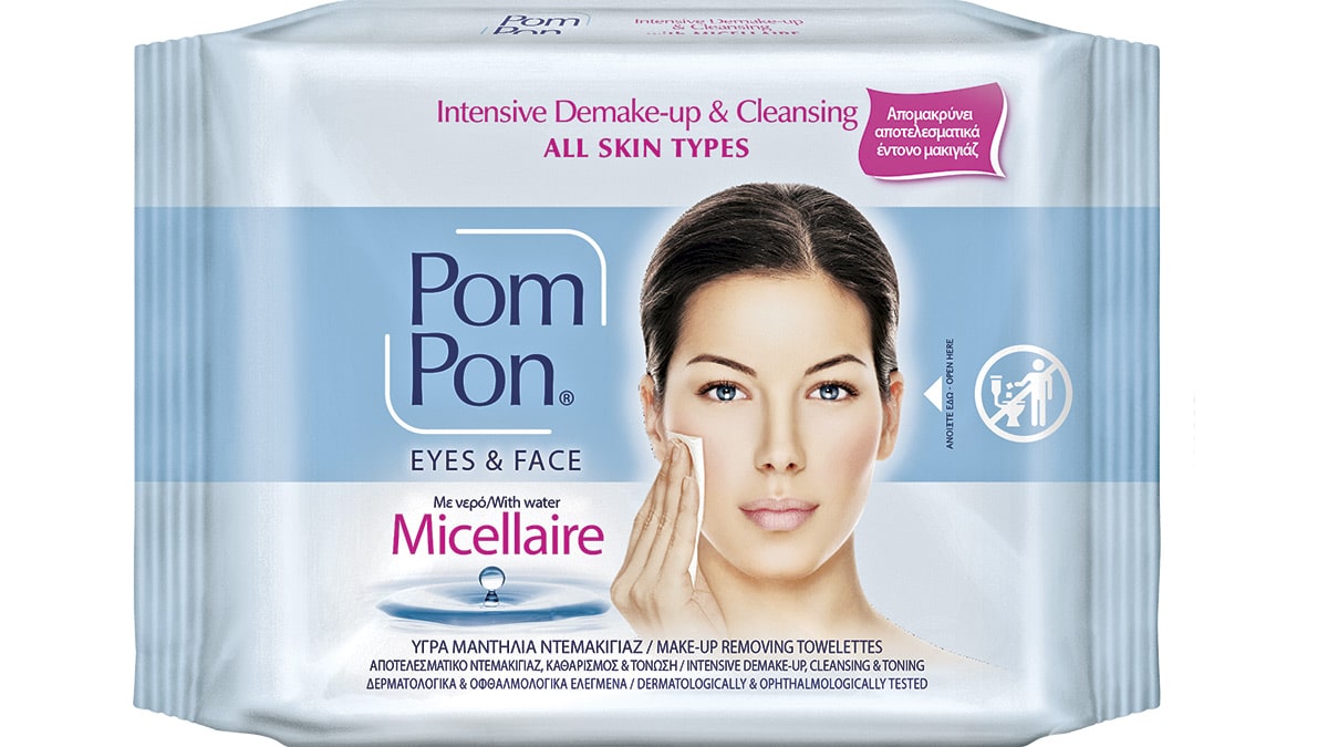 Yγρά μαντιλάκια ντεμακιγιάζ με νερό Micellaire, Intensive Demake-up & Cleansing, Eyes & Face, Pom Pon