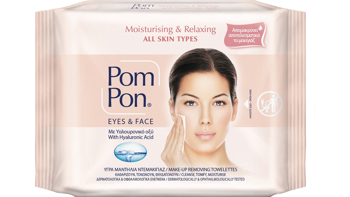 Υγρά μαντιλάκια ντεμακιγιάζ με υαλουρονικό οξύ, Moisturising & Relaxing, All Skin Types, Eyes & Face, Pom Pon