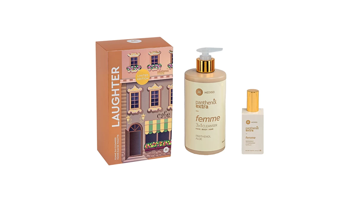 Limited edition σετ Laughter, που περιέχει το αφρόλουτρο και σαμπουάν 3in1 cleanser & το Eau de Toilette Extra Femme, Panthenol Extra (στα Φαρμακεία, medisei.gr)