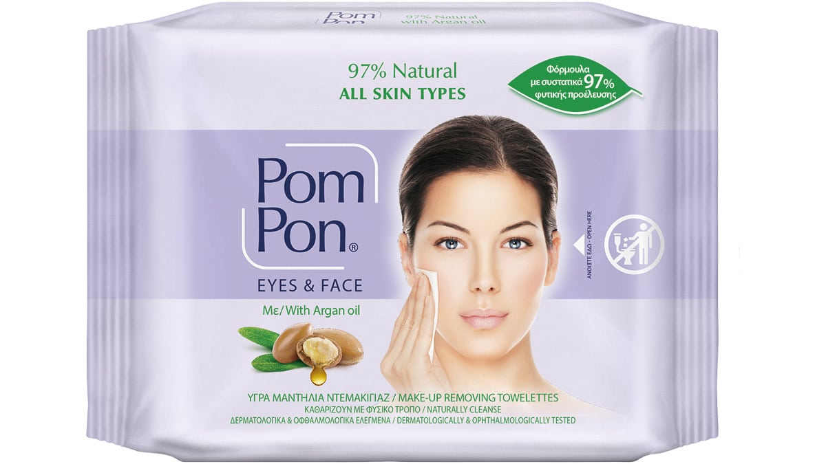 Υγρά μαντήλια για ντεμακιγιάζ με Argan Oil, 97% Natural, All Skin Types, Eyes & Face, Pom Pon