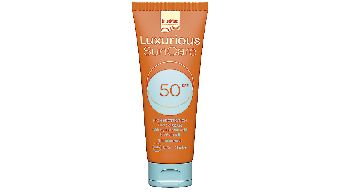 Αντηλιακή κρέμα προσώπου με υαλουρονικό οξύ & βιταμίνη Ε για υψηλή προστασία και ανάπλαση, Luxurious, SunCare High Protection Face Cream SPF50, InterMed (στα Φαρμακεία από την InterMed)
