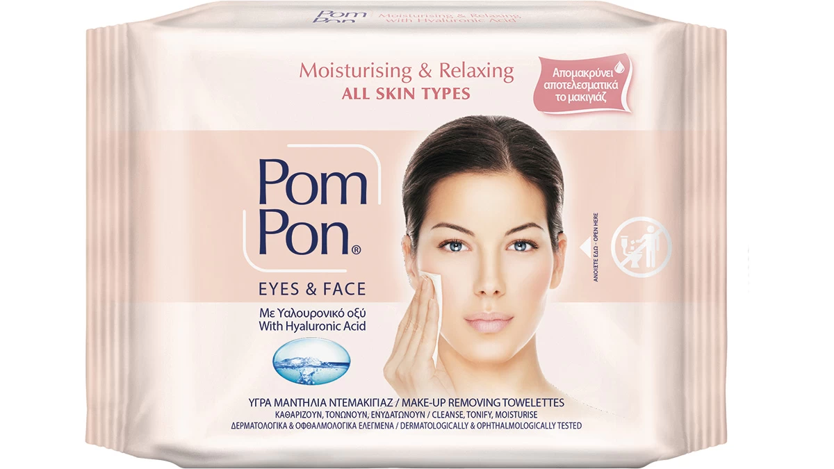 Υγρά μαντιλάκια με υαλουρονικό οξύ, Moisturising & Relaxing, All Skin Types, Eyes & Face, Pom Pon