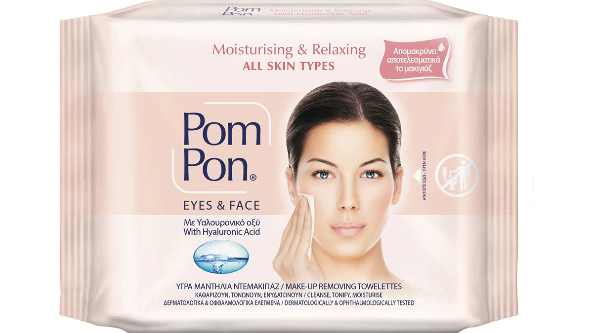 Υγρά μαντιλάκια ντεμακιγιάζ με υαλουρονικό οξυ, Moisturising & Relaxing, All Skin Types, Eyes & Face, Pom Pon