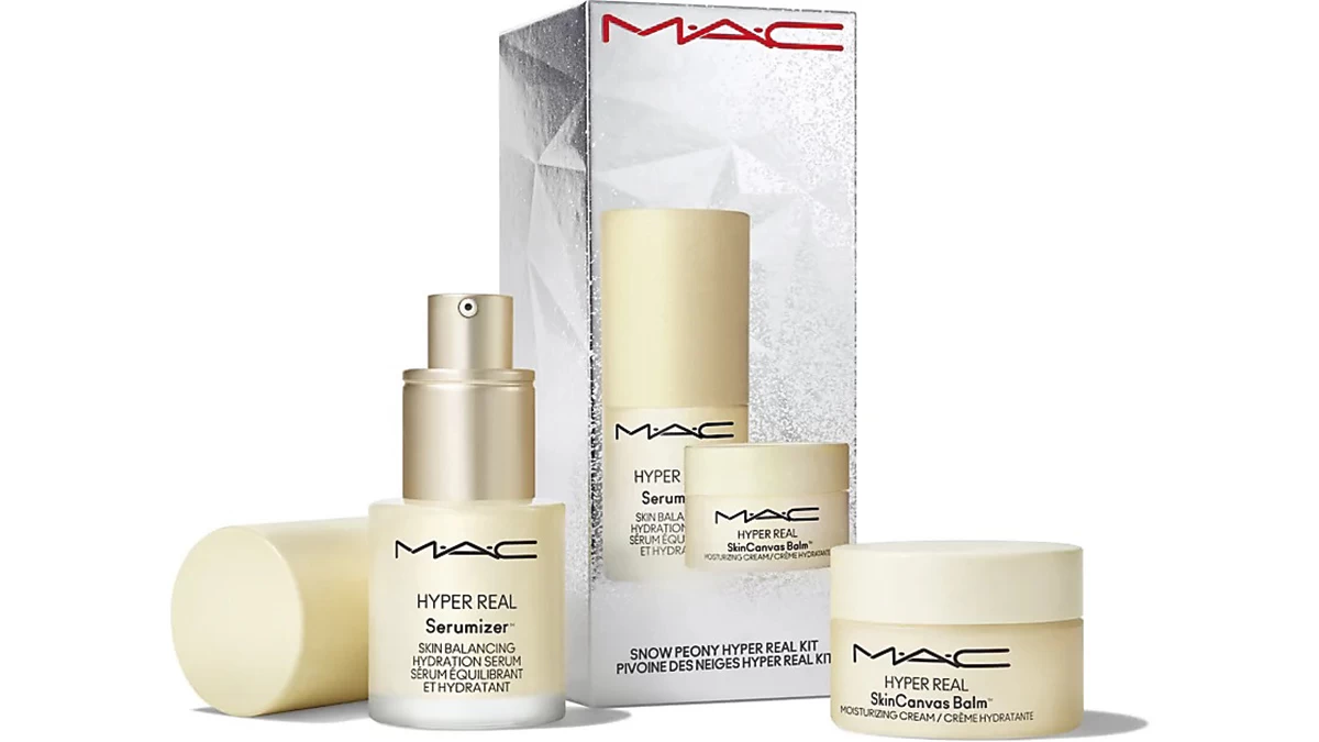 Κιτ 2 προϊόντων περιποίησης που περιέχει τον ορό Hyper Real Serumizer και την ενυδατική κρέμα Hyper Real SkinCanvas Balm Moisturizing Cream, Snow Peony Hyper Real Kit, MAC Cosmetics, €55
