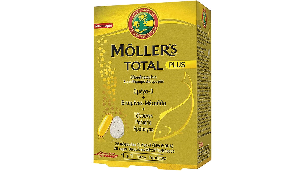 Ολοκληρωμένο συμπλήρωμα διατροφής που μεταξύ άλλων, ενισχύει τον οργανισμό και τονώνει το ανοσοποιητικό διατηρώντας τη φυσιολογική λειτουργία του δέρματος, των μαλλιών & των νυχιών, Ωμέγα-3 + Βιταμίνες + Μέταλλα, Total Plus, Μӧller's (στα Φαρμακεία,