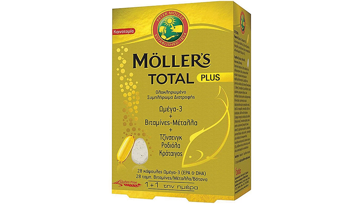 Ολοκληρωμένο συμπλήρωμα διατροφής που μεταξύ άλλων, ενισχύει τον οργανισμό και τονώνει το ανοσοποιητικό διατηρώντας τη φυσιολογική λειτουργία του δέρματος, των μαλλιών & των νυχιών, Ωμέγα-3 + Βιταμίνες + Μέταλλα, Total Plus, Μӧller's (στα Φαρμακεία,