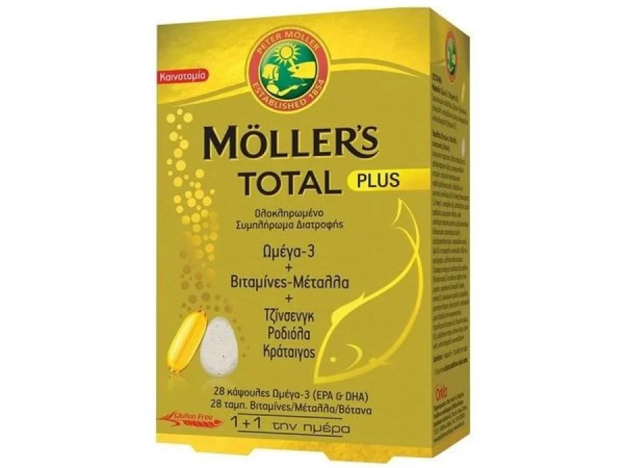 Ολοκληρωμένο συμπλήρωμα διατροφής που μεταξύ άλλων, ενισχύει τον οργανισμό και τονώνει το ανοσοποιητικό διατηρώντας τη φυσιολογική λειτουργία του δέρματος, των μαλλιών & των νυχιών, Ωμέγα-3 + Βιταμίνες + Μέταλλα, Total Plus, Μӧller's (στα Φαρμακεία)