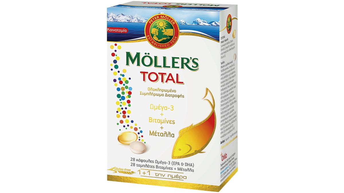 Ολοκληρωμένο συμπλήρωμα διατροφής που μεταξύ άλλων, ενισχύει τον οργανισμό και τονώνει το ανοσοποιητικό διατηρώντας τη φυσιολογική λειτουργία του δέρματος, των μαλλιών & των νυχιών, Ωμέγα-3 + Βιταμίνες + Μέταλλα, Total, Μӧller's (στα Φαρμακεία, apoll