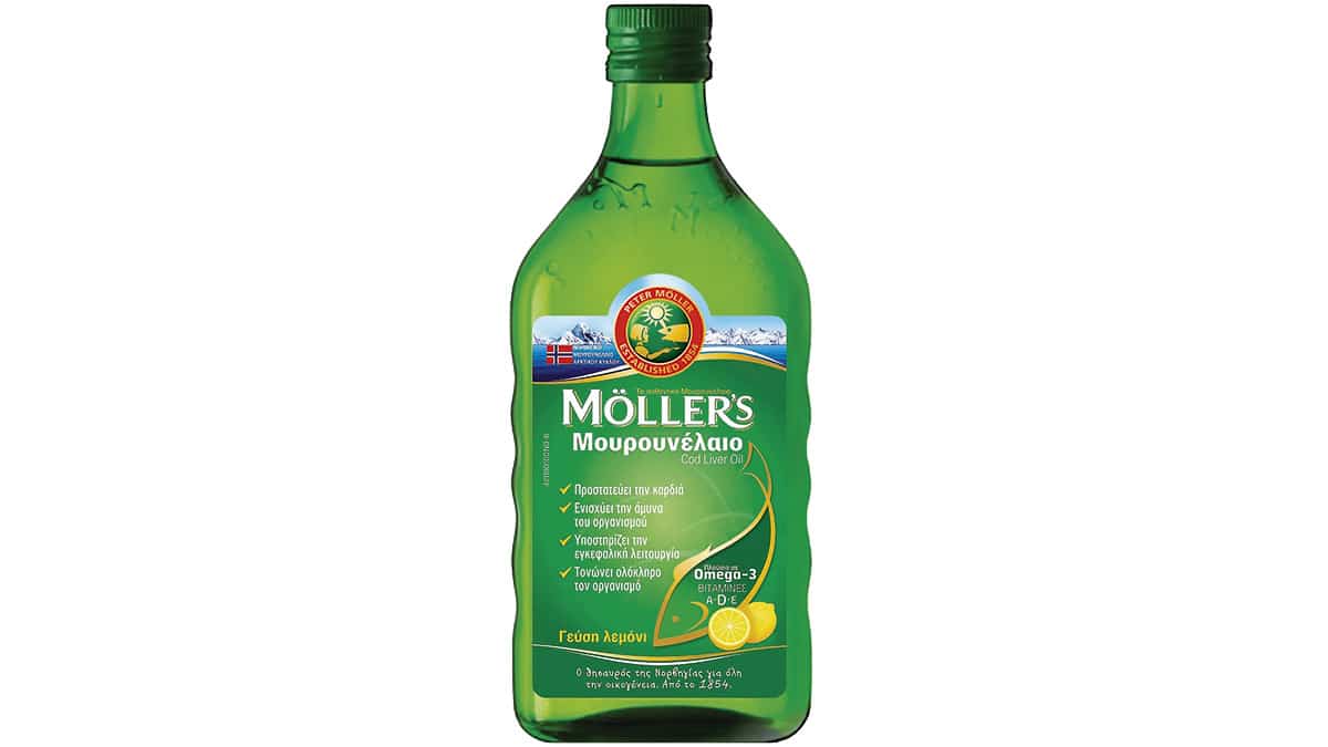 Υγρό πόσιμο μουρουνέλαιο που, μεταξύ άλλων, προστατεύει την καρδιά, ενισχύει & τονώνει τον οργανισμό και βοηθά στην καλή υγεία των νυχιών, του δέρματος και των μαλλιών, Möller's (στα Φαρμακεία, apolloniannutrition.gr)