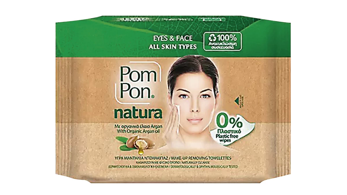 Υγρά μαντιλάκια ντεμακιγιάζ με οργανικό έλαιο Argan, Natura, Eyes & Face, All Skin Types, Pom Pon