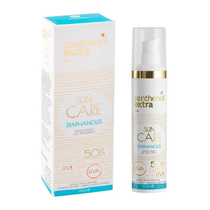 Διάφανο αντηλιακό gel προσώπου με επιλεγμένα UV αντηλιακά φίλτρα για ένα αόρατο φιλμ υψηλής προστασίας από τις ακτίνες UVA/UVB, Sun Care Diaphanous SPF50, Panthenol extra (στα Φαρμακεία, medisei.gr)