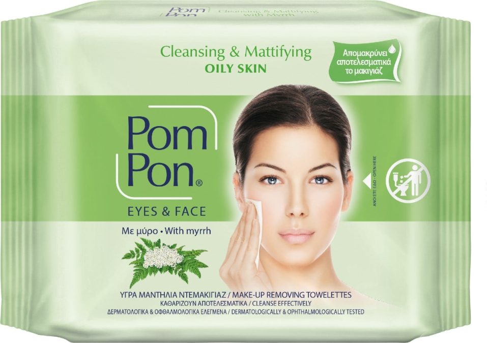 Υγρά μαντιλάκια ντεμακιγιάζ με μύρο για το λιπαρό δέρμα, Cleansing & Mattifying, Oily Skin, Eyes & Face, Pom Pon