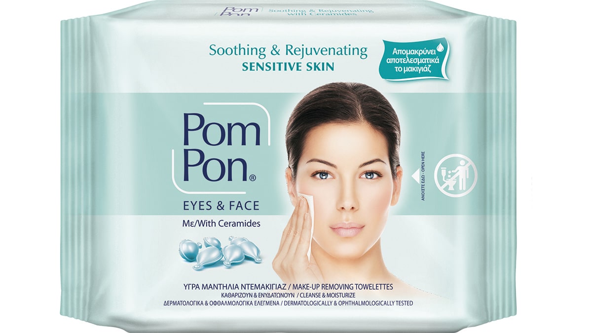 Υγρά μαντήλια ντεμακιγιάζ με Ceramides για το ευαίσθητο δέρμα, Soothing & Rejuvenating Sensitive Skin, Eyes & Face, Pom Pon