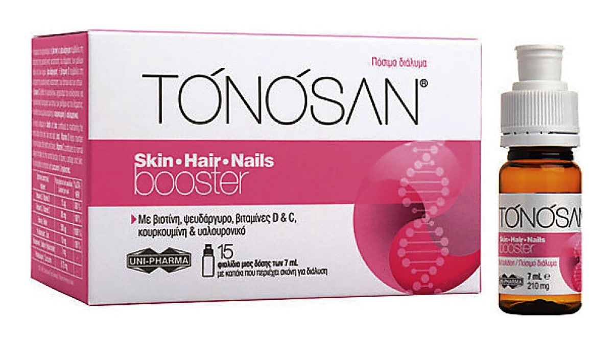 Συμπλήρωμα διατροφής για την ενίσχυση και διατήρηση της υγιούς κατάστασης του δέρματος, των μαλλιών  και των νυχιών, Tonosan, Skin Hair Nails booster, Uni-Pharma (στα Φαρμακεία από τη Uni-Pharma)