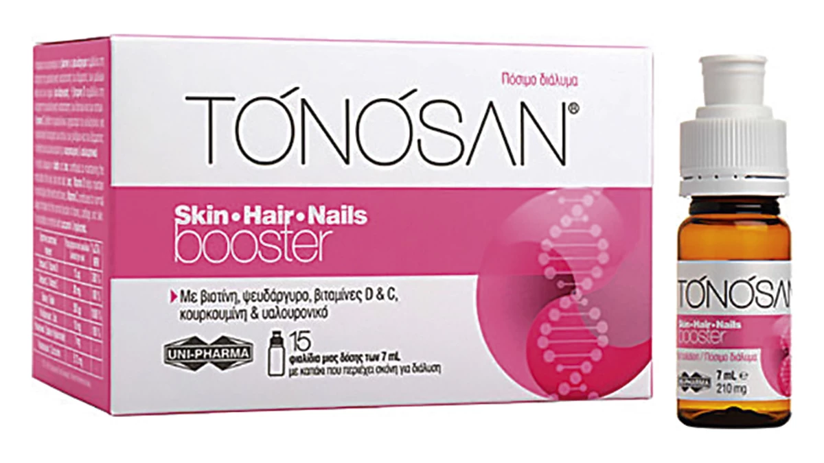 Συμπλήρωμα διατροφής για την ενίσχυση και διατήρηση της υγιούς κατάστασης του δέρματος, των μαλλιών και των νυχιών, Tonosan Skin-Hair-Nails booster, Uni-Pharma (στα Φαρμακεία από τη Uni-Pharma)