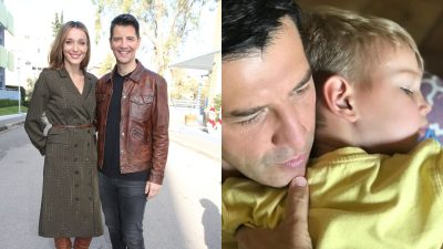 Ο Σάκης Ρουβάς με την Κάτια Ζυγούλη στα δεξιά και ο τραγουδιστής με τον γιο του αγκαλιά στα αριστερά