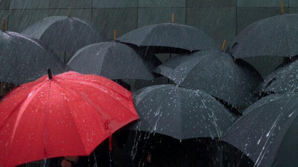 βροχερό σκηνικό με ομπρέλες