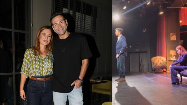 Η Θάλεια Ματίκα και ο Τάσος Ιορδανίδης αγκαλιά αριστερά και δεξιά στο θέατρο με εκείνη να κλαίει