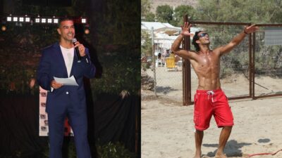 Ο Νίκος Αναδιώτης με κοστούμι και σε παραλία ενώ παίζει beach volley
