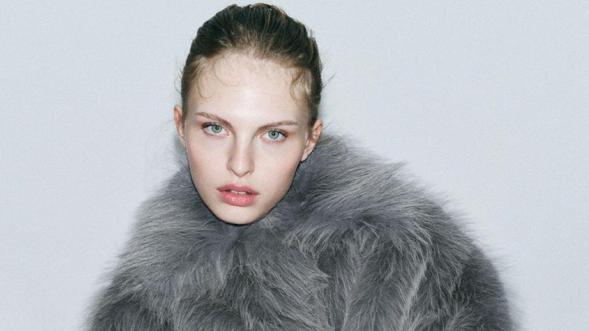 Παλτό Zara σε γκρι χρώμα από οικολογική γούνα