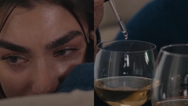 Η Χρύσα Μιχαλοπούλου στο Ταμπού και δύο ποτήρια στα οποία ρίχνουν φάρμακο