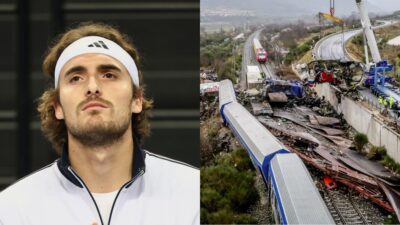 Ο Στέφανος Τσιτσιπάς και εικόνα από την σύγκρουση των Τρένων σε κολάζ