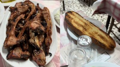 δυο μερίδες από το μαγαζί τζάκι (παϊδάκια και πατάτες)