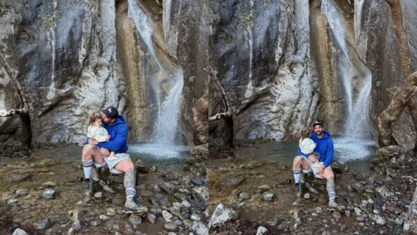 Ο Δημήτρης Αλεξάνδρου και ο μικρός Πάρης μπροστά από καταρράκτες