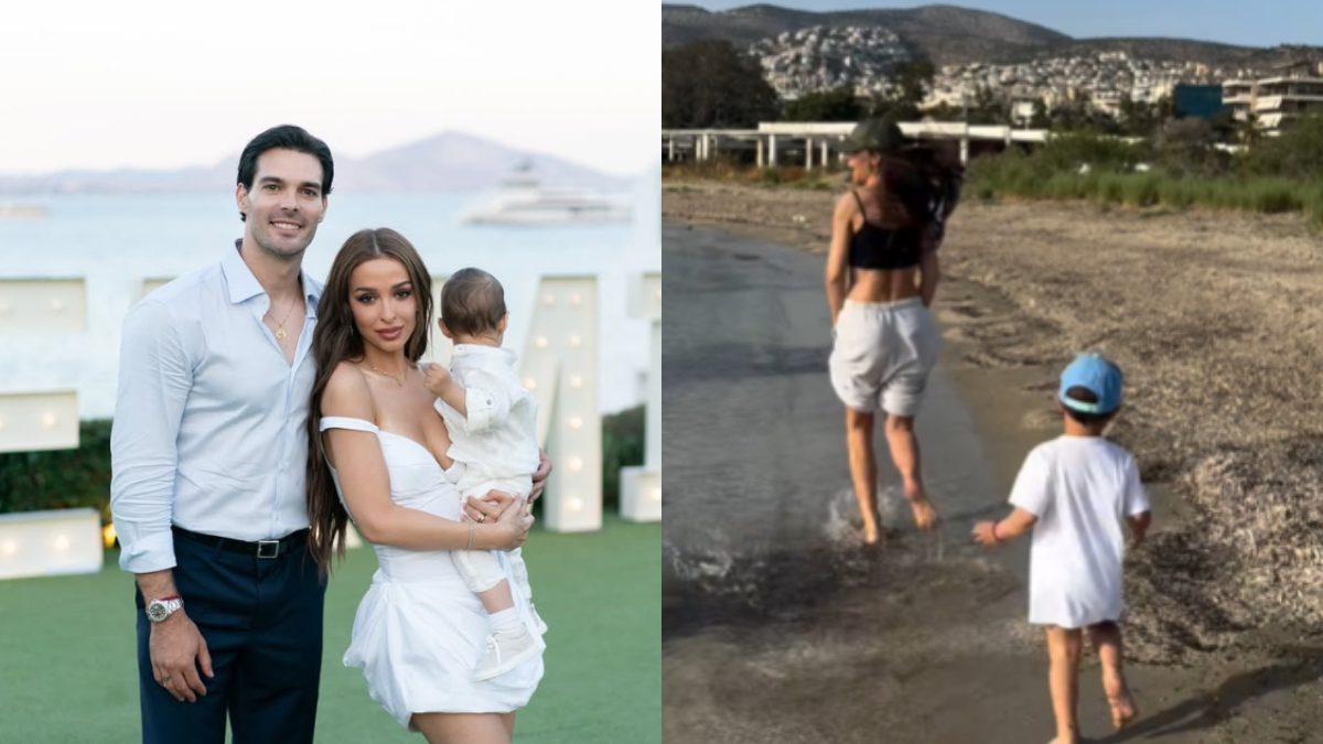 Η Ελένη Φουρέιρα με τον Αλμπέρτο Μποτία και τον γιο της και η ίδια με τον γιο της στην παραλία