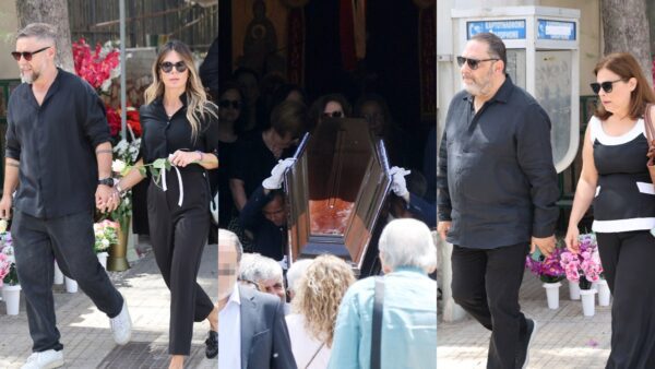 Ο Βαρδής και η σύζυγός του, το φέρετρο του Αχιλλέα Θεοφίλου και ο Στέλιος Διονυσίου με την σύζυγό του