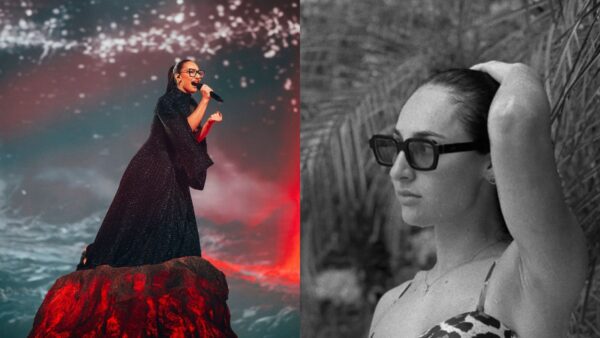 H klavdia με λεοπάρ μπικίνι (δεξιά) και με το φορεμά της στην Eurovision (Αριστερά)