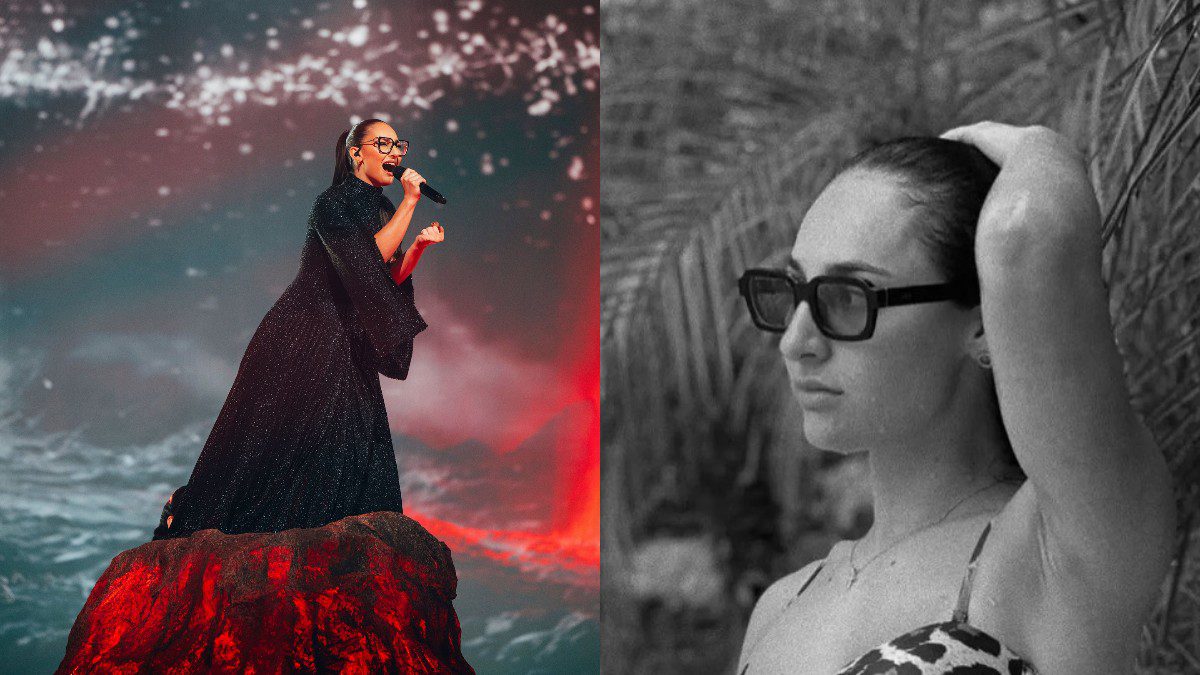 H klavdia με λεοπάρ μπικίνι (δεξιά) και με το φορεμά της στην Eurovision (Αριστερά)