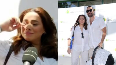 Η Ευρυδίκη Βαλαβάνη κλαίει και δίπλα της ο Γρηγόρης Μόργκαν με το μωρό τους έξω από το μαιευτήριο